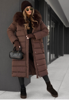 Długa pikowana kurtka z futerkiem For Cold Weather czekoladowa