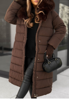 Długa pikowana kurtka z futerkiem For Cold Weather czekoladowa