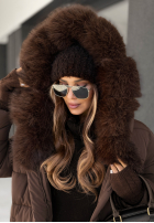 Długa pikowana kurtka z futerkiem For Cold Weather czekoladowa