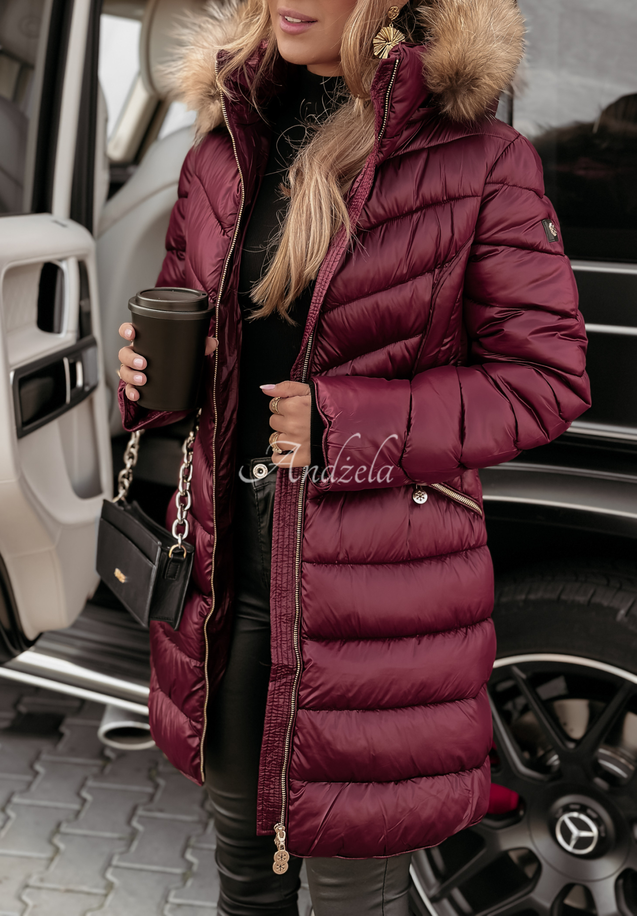 Long quilted jacket with fur by The Snow Glow burgundy