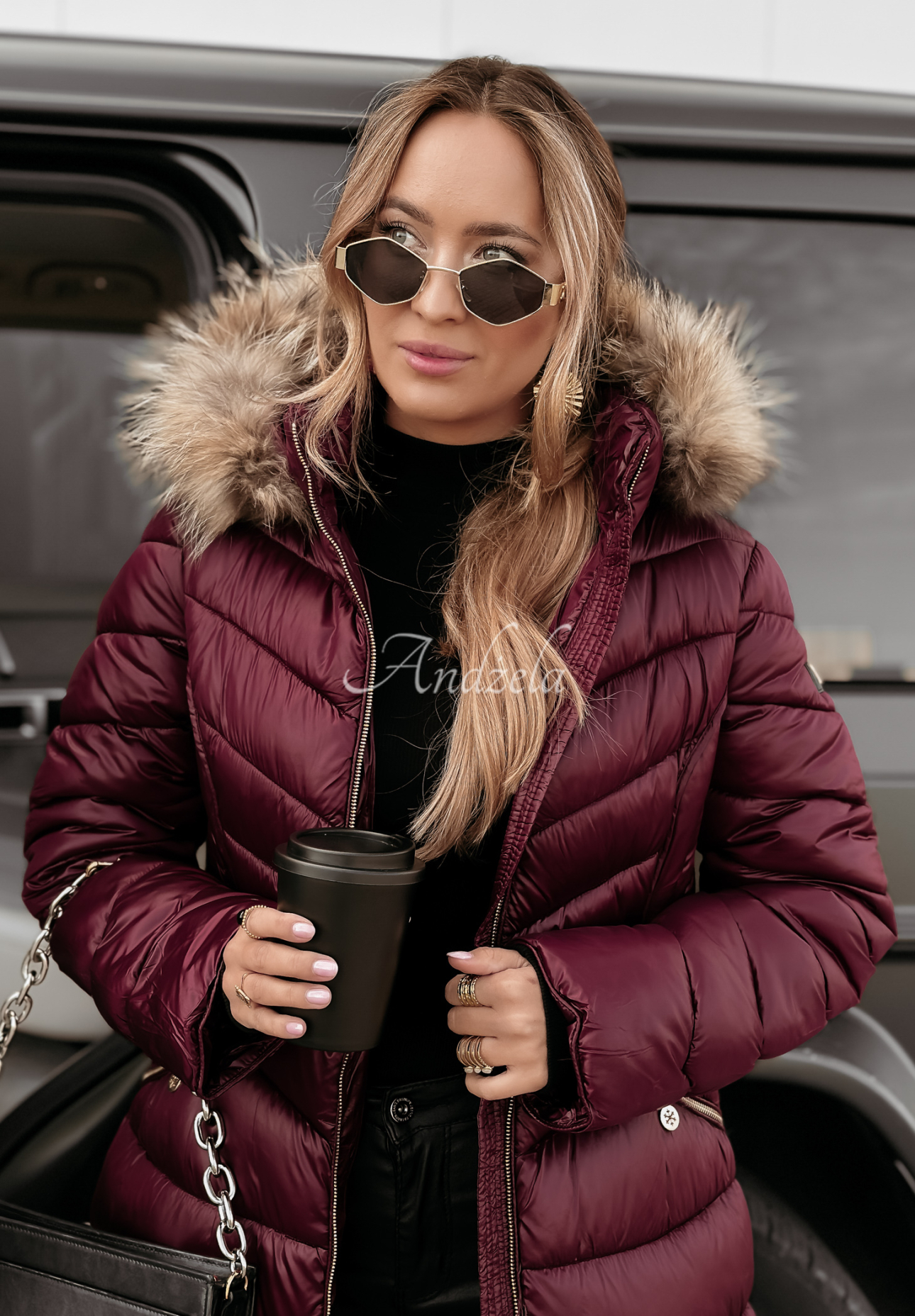 Long quilted jacket with fur by The Snow Glow burgundy