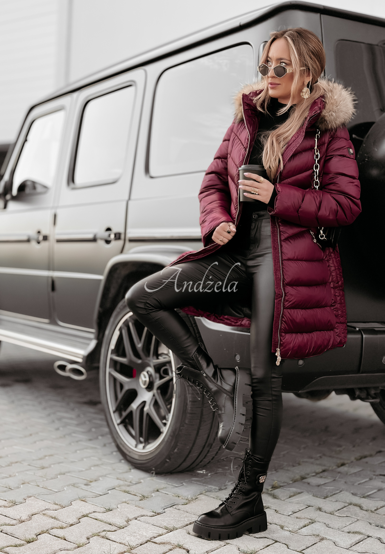 Long quilted jacket with fur by The Snow Glow burgundy