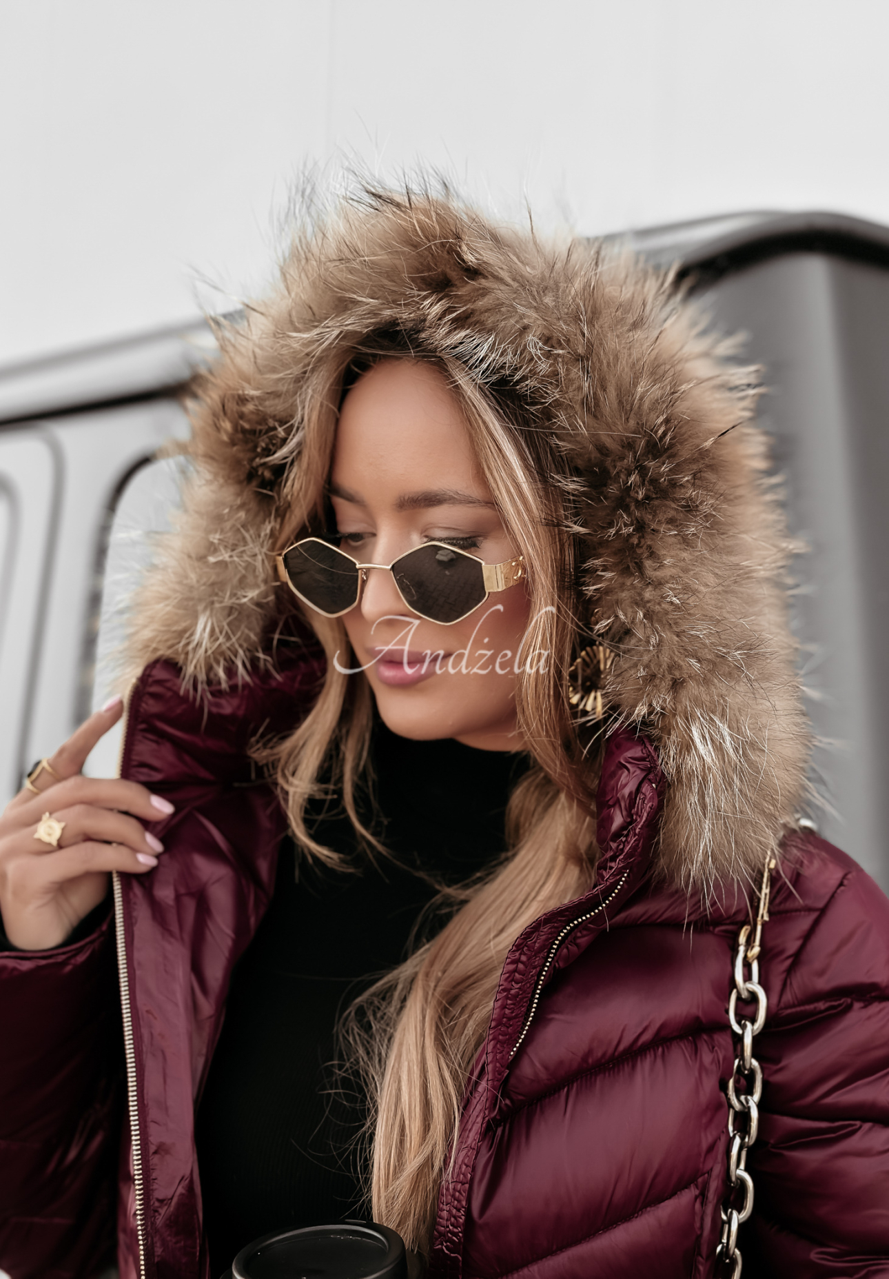 Long quilted jacket with fur by The Snow Glow burgundy
