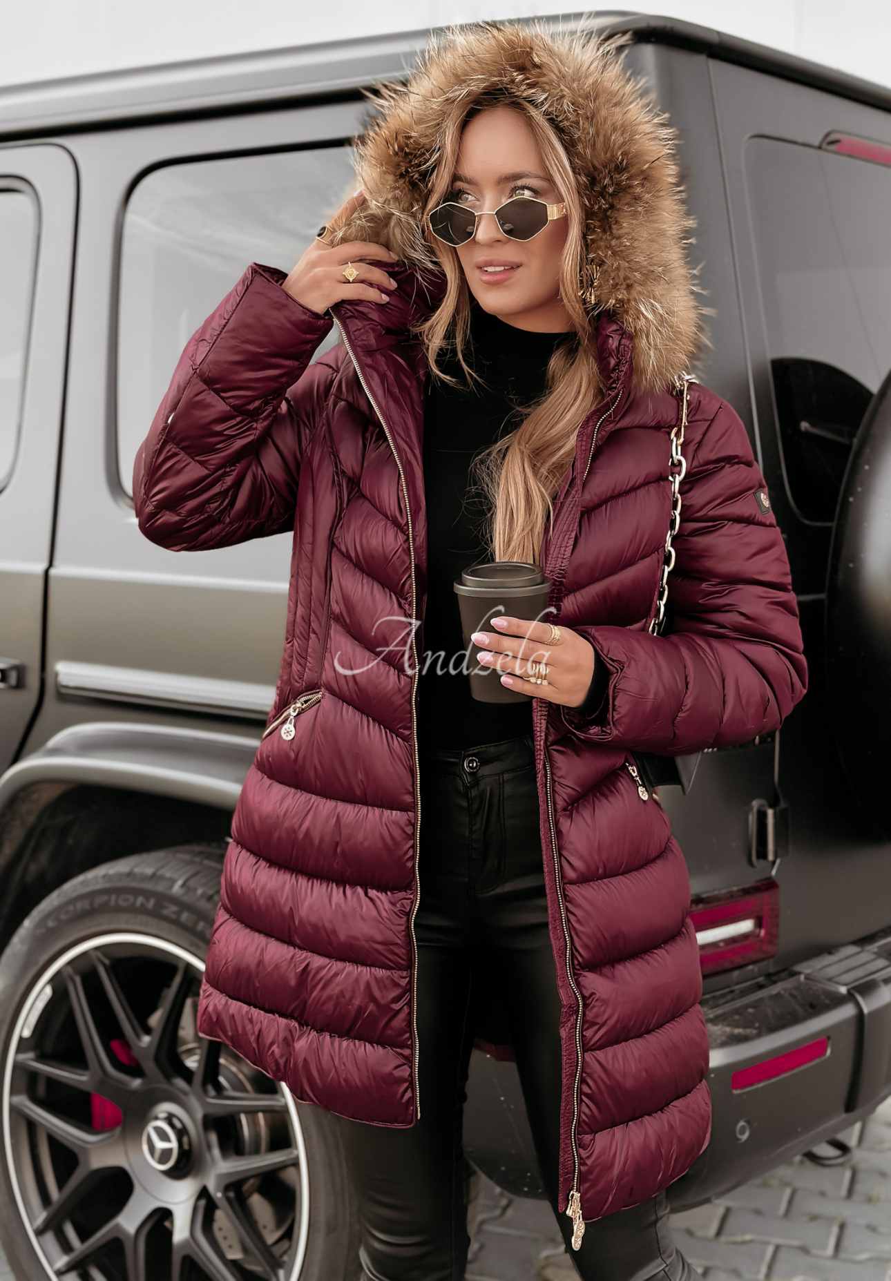Long quilted jacket with fur by The Snow Glow burgundy