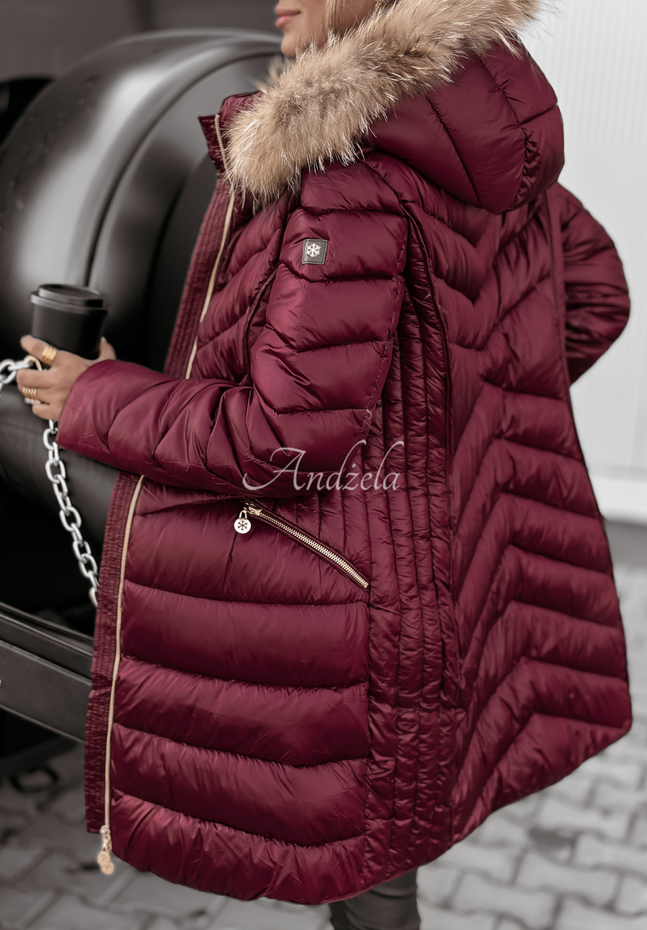 Long quilted jacket with fur by The Snow Glow burgundy
