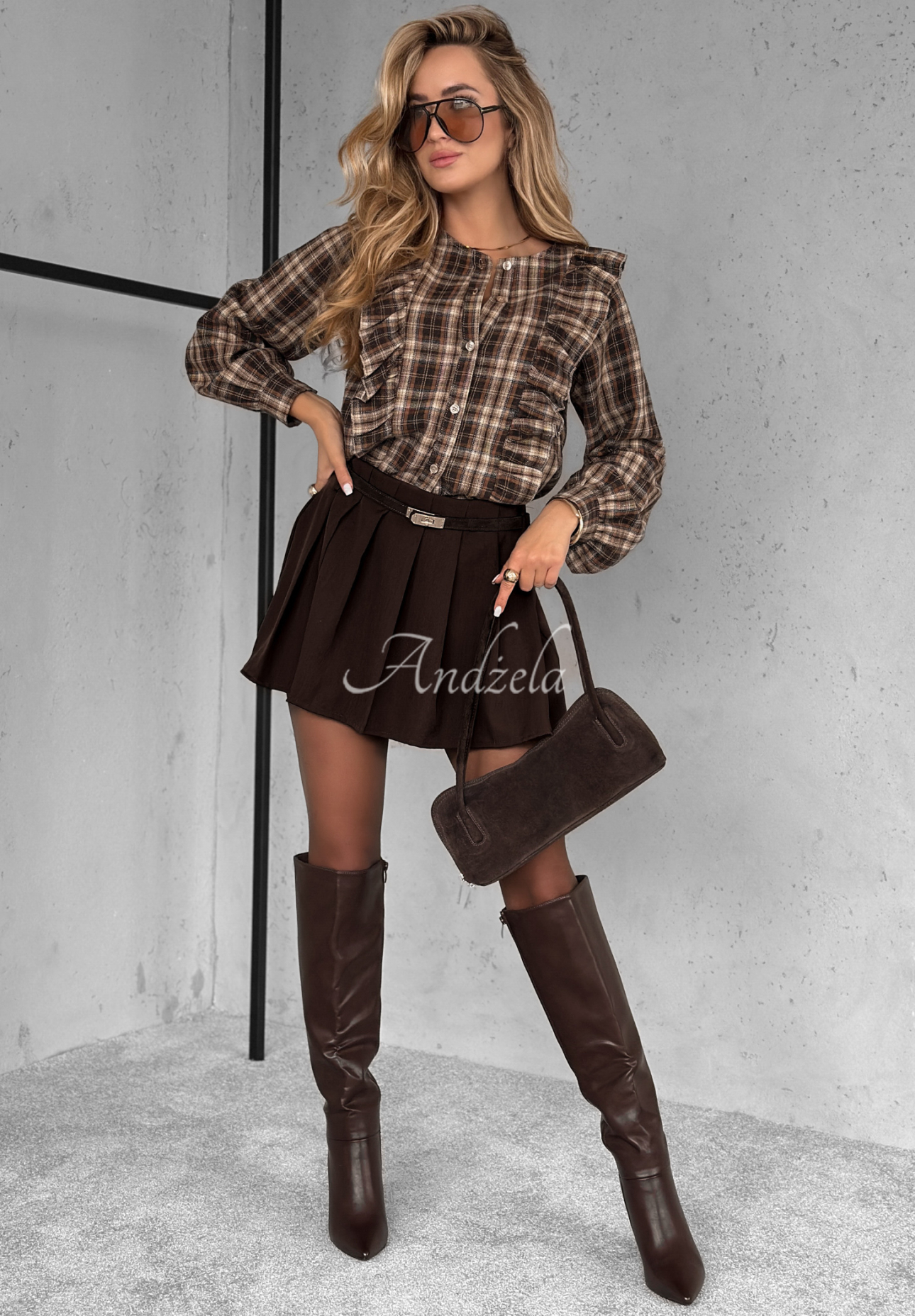 Quiet Power cotton plaid ruffle shirt in camel