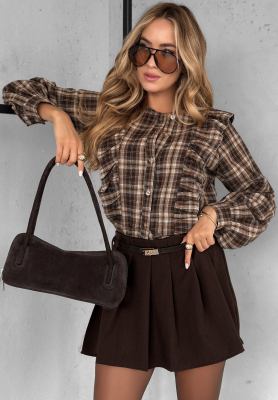 Quiet Power cotton plaid ruffle shirt in camel