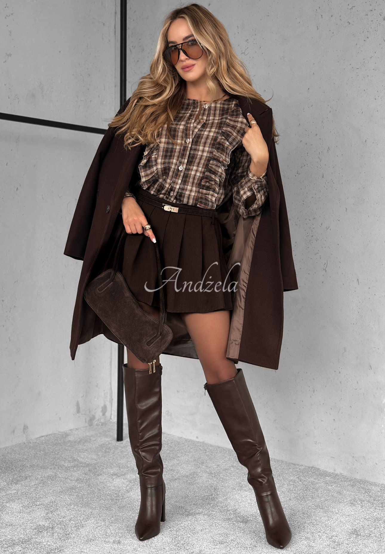 Bawełniana koszula z falbankami w kratę Quiet Power camelowa