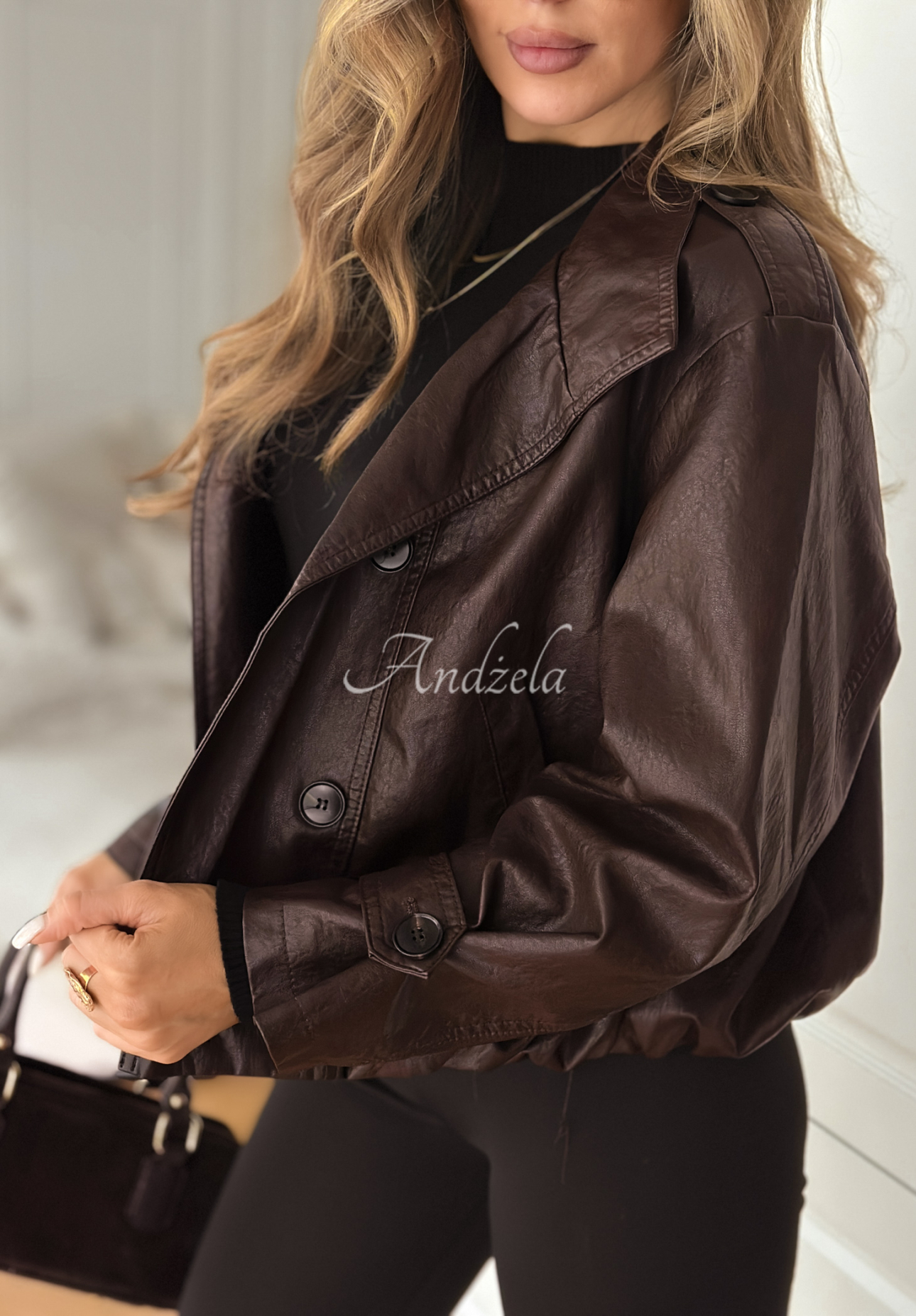 Skórzana kurtka ramoneska z guzikami Don’t React czekoladowa