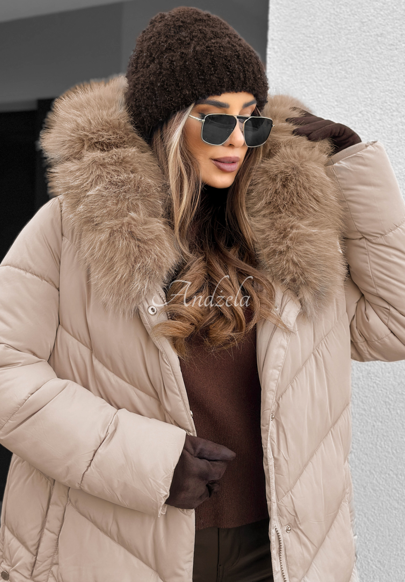 Long quilted jacket with fur by Wintery Affection beige