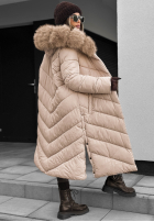 Długa pikowana kurtka z futerkiem Wintery Affection beżowa