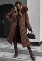 Długa pikowana kurtka z futerkiem Wintery Affection czekoladowa
