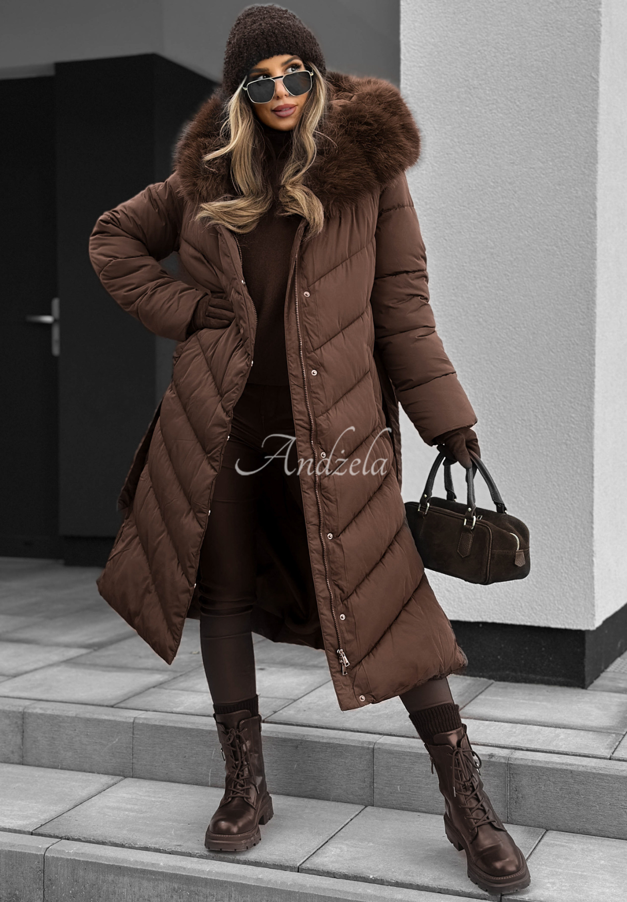 Long quilted jacket with fur by Wintery Affection chocolate