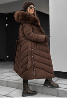 Długa pikowana kurtka z futerkiem Wintery Affection czekoladowa