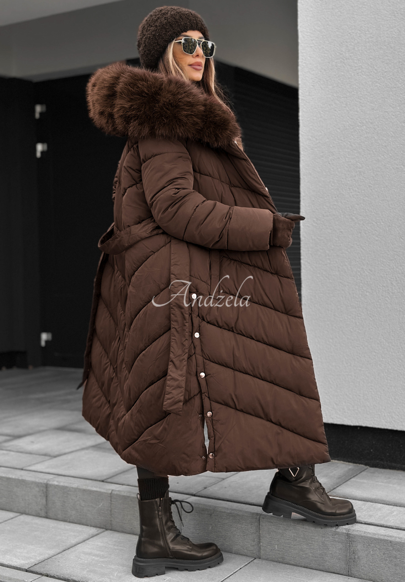 Long quilted jacket with fur by Wintery Affection chocolate
