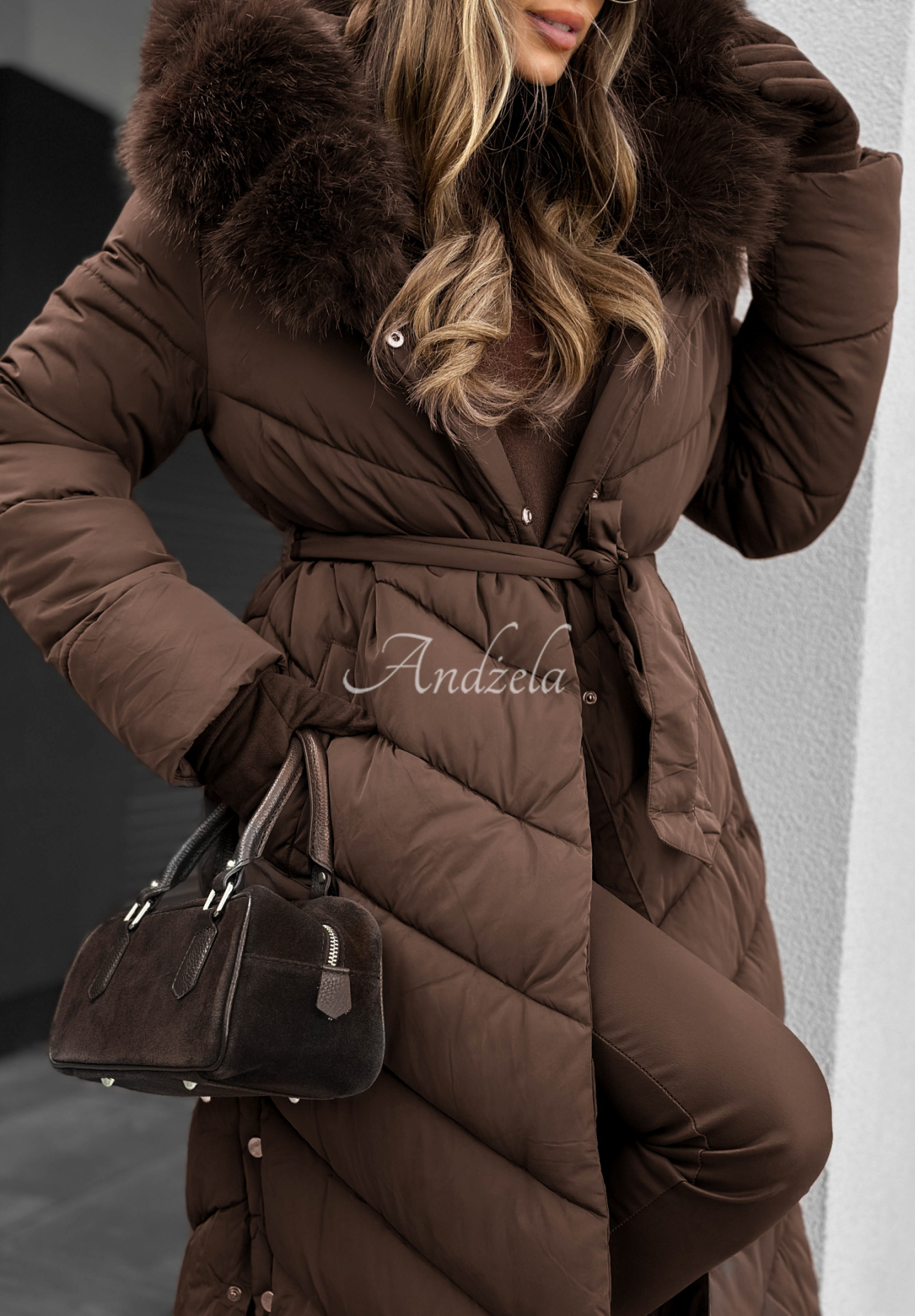 Long quilted jacket with fur by Wintery Affection chocolate