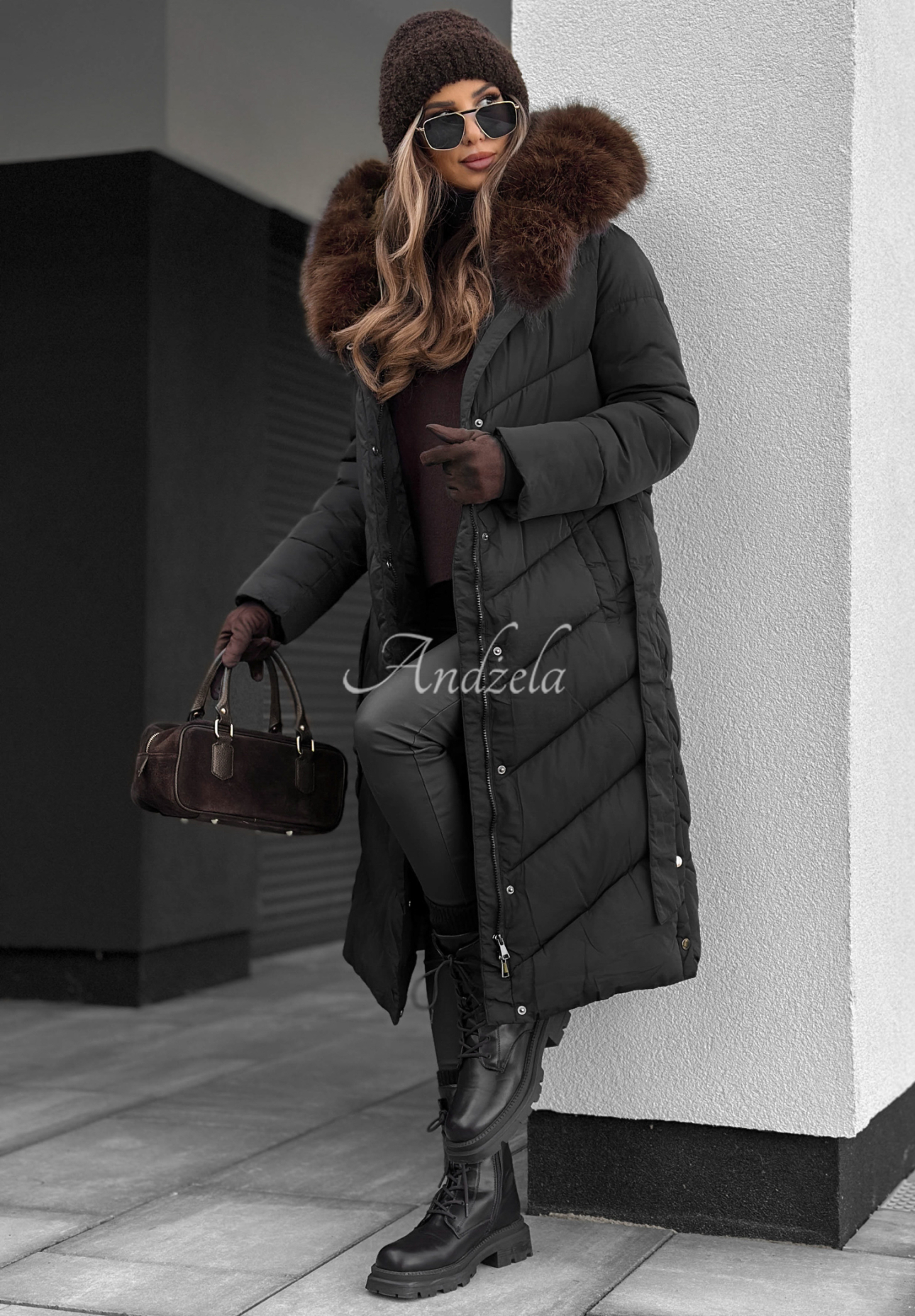 Long quilted jacket with fur by Wintery Affection black