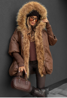 Puchowa kurtka z futerkiem Hello October czekoladowa