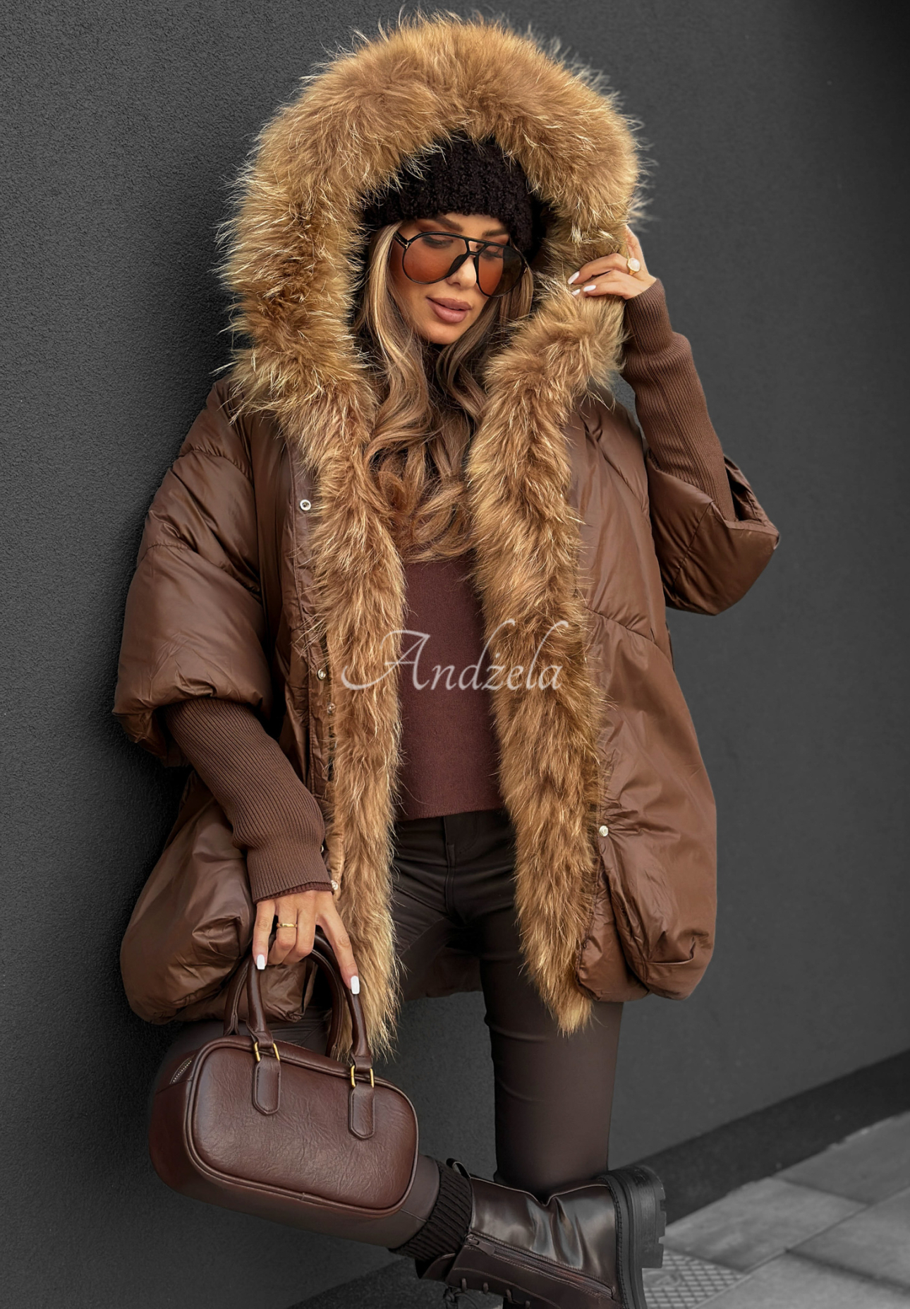 Hello October quilted fur jacket chocolate