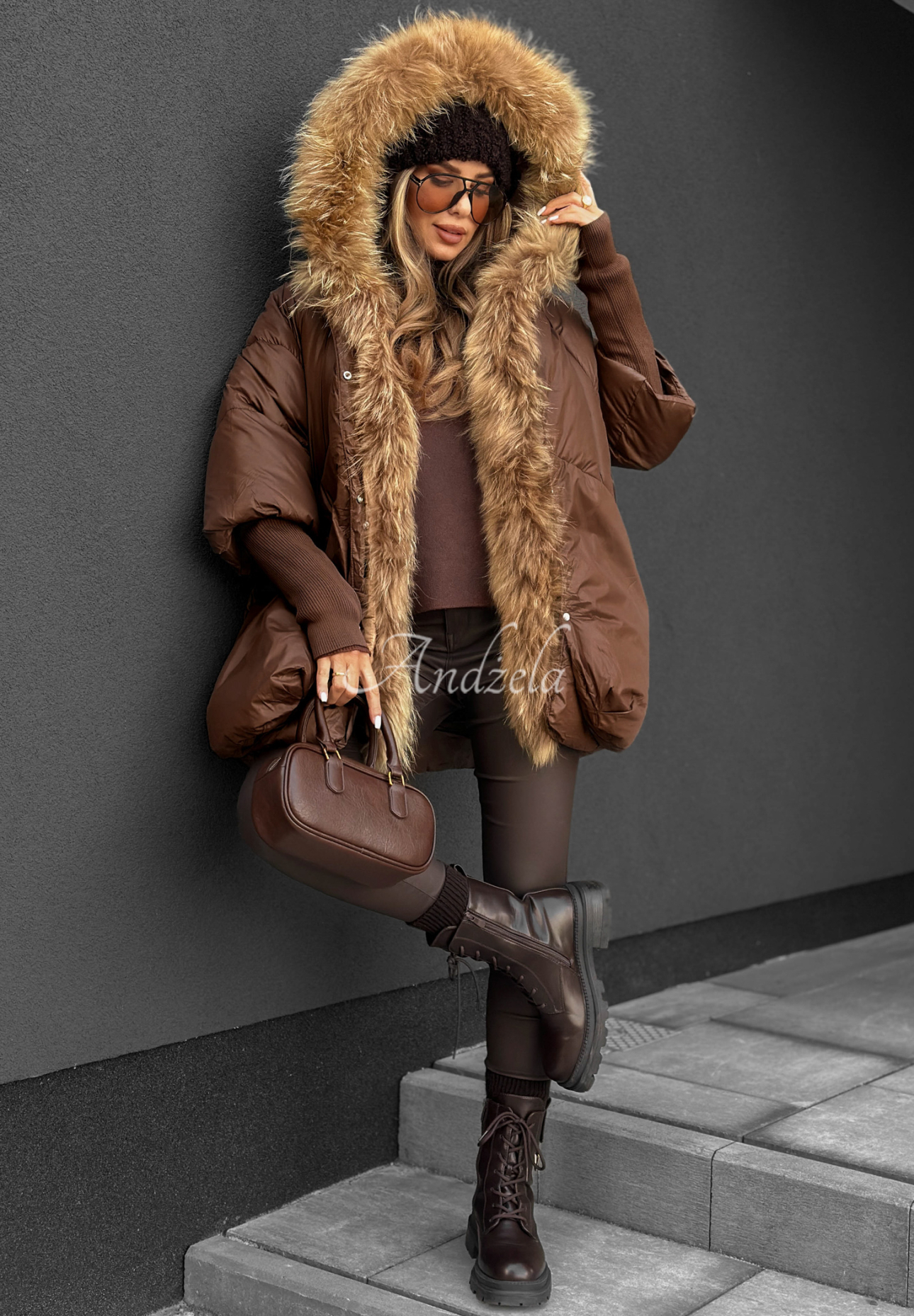 Hello October quilted fur jacket chocolate