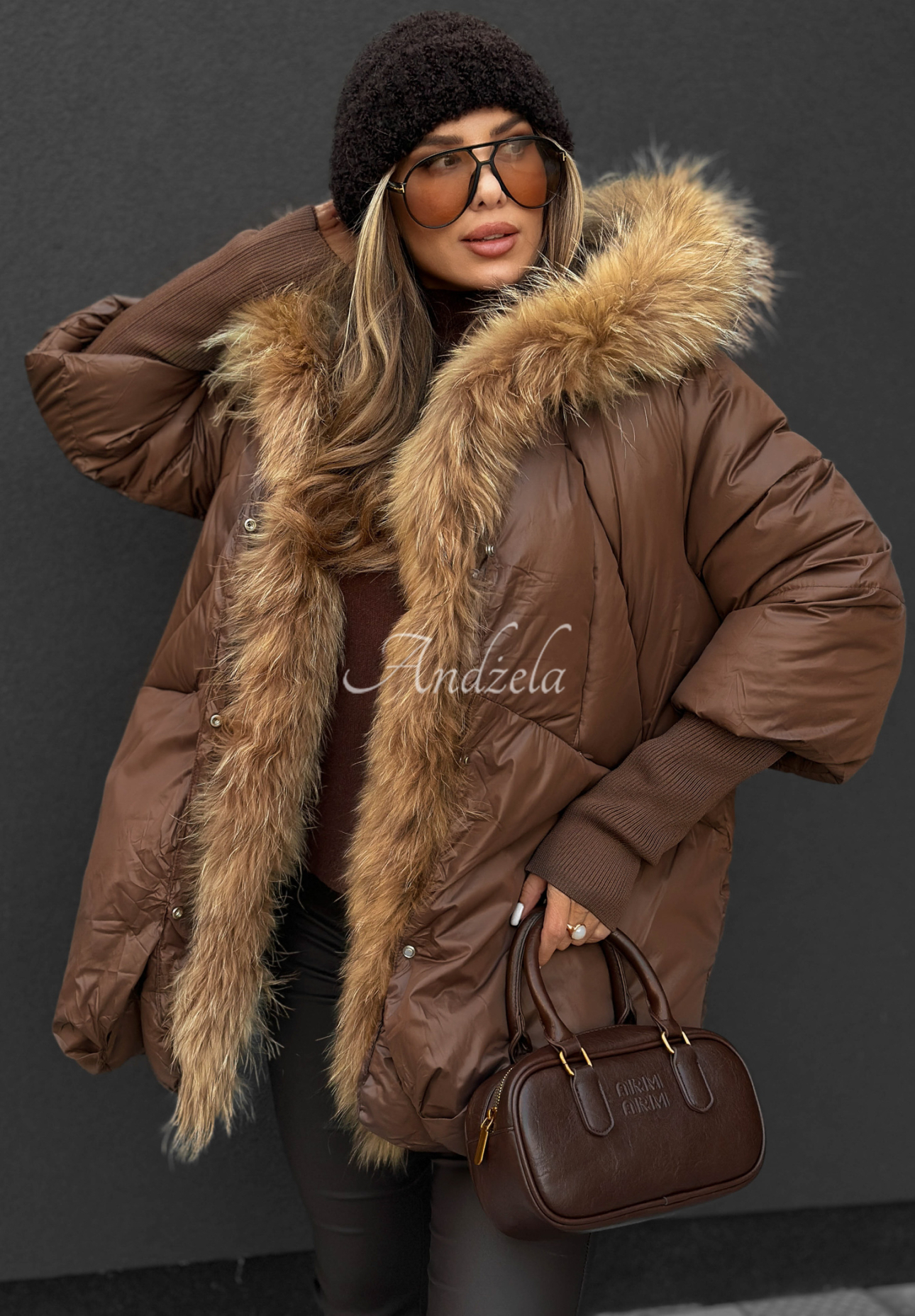 Hello October quilted fur jacket chocolate