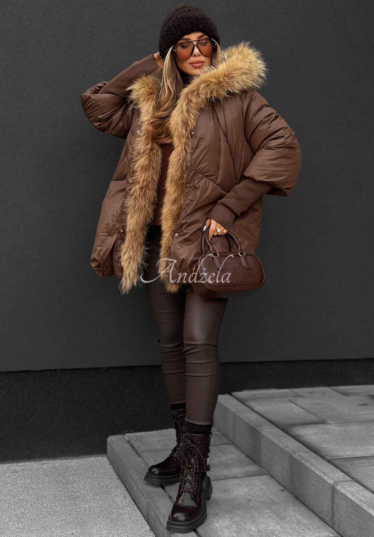 Hello October quilted fur jacket chocolate