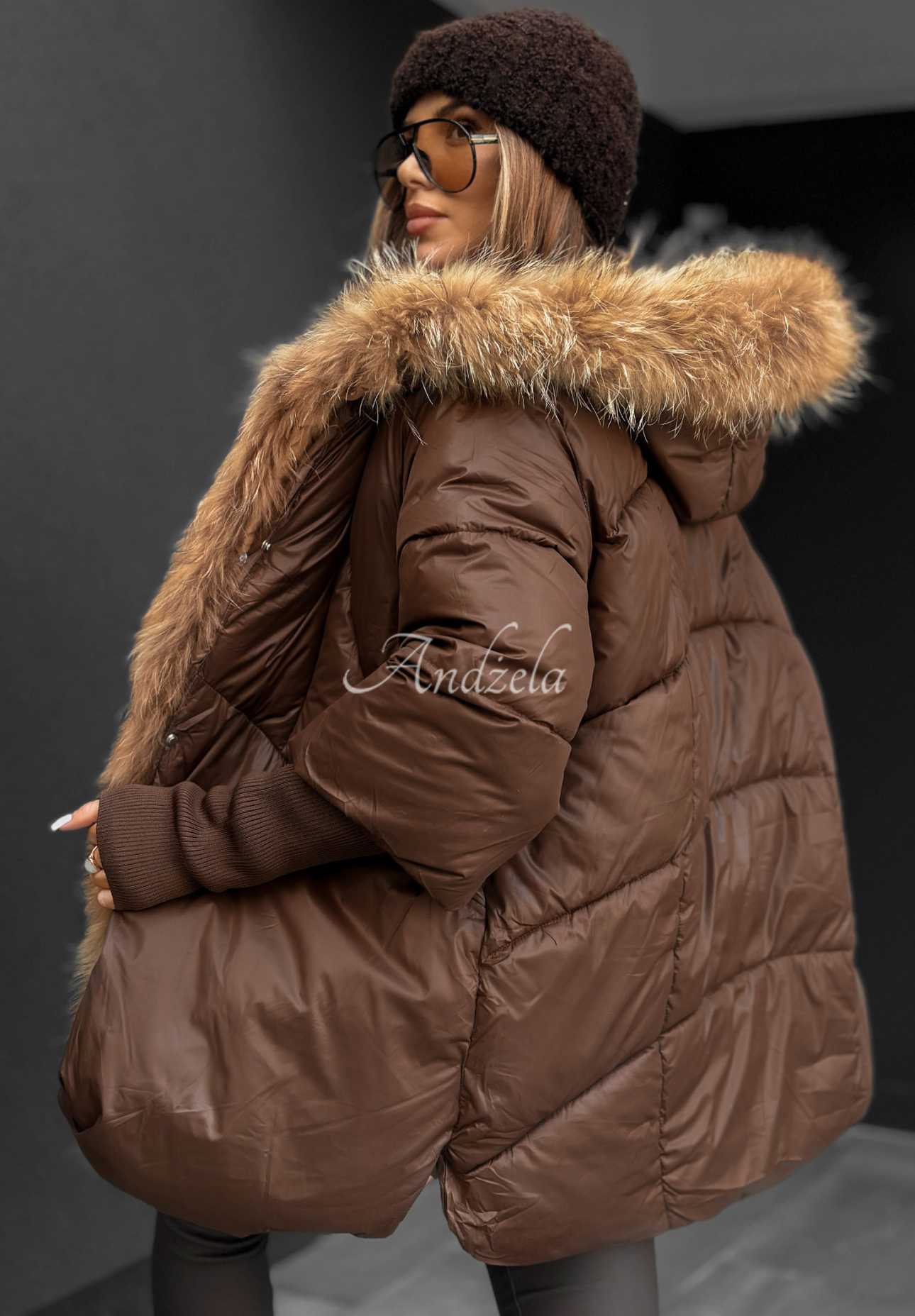 Hello October quilted fur jacket chocolate