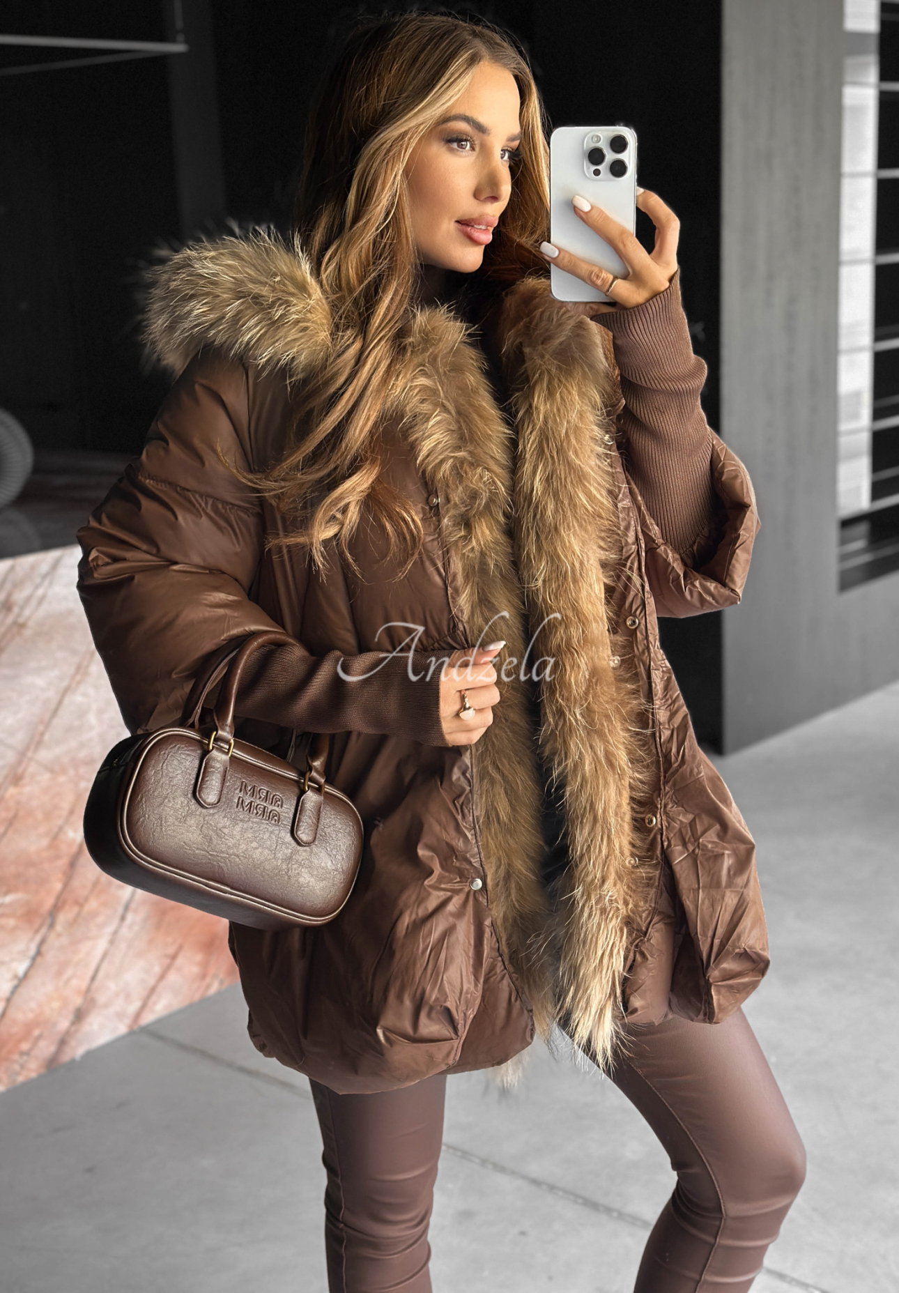 Hello October quilted fur jacket chocolate