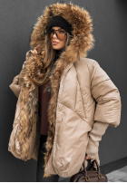 Długa kurtka z futerkiem Hello October beżowa