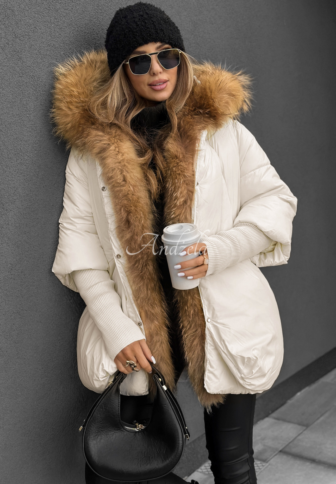 Quilted jacket with fur Hello October ecru