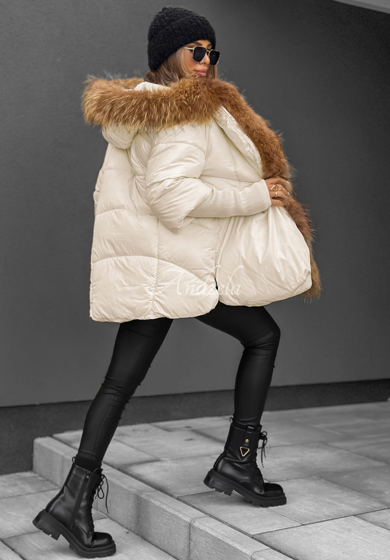 Quilted jacket with fur Hello October ecru