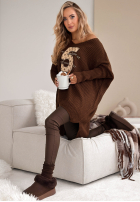 Asymetryczny sweter z ozdobną aplikacją If You Stay czekoladowy