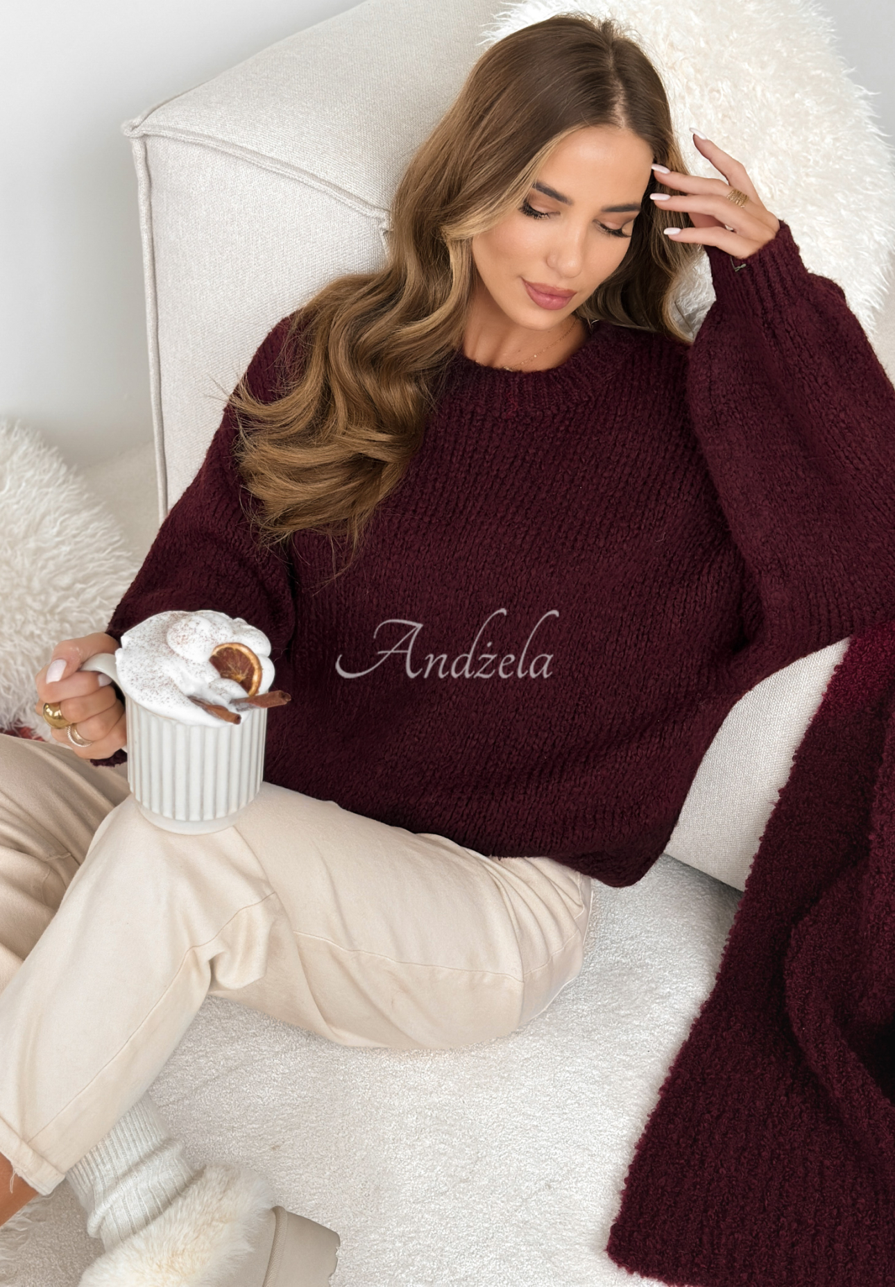 Sweter oversize z wełną Pink Mountain burgundowy