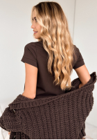 T-shirt z dekoltem w serek Lauren czekoladowy