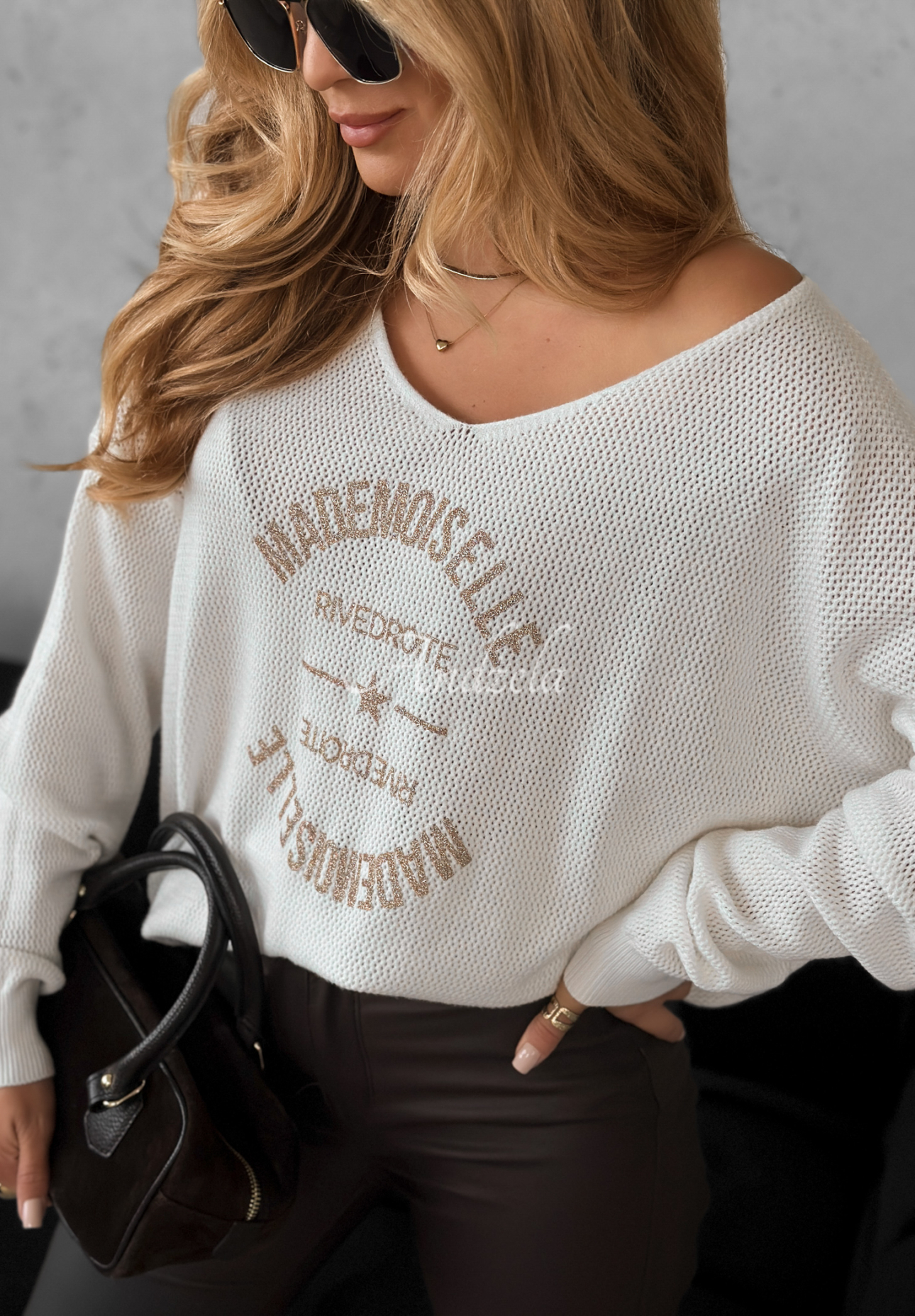 Wiskozowy sweter z nadrukiem Miss Mademoiselle ecru