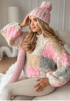 Ozdobnie pleciony sweter Cozy Cuddles różowo-beżowy