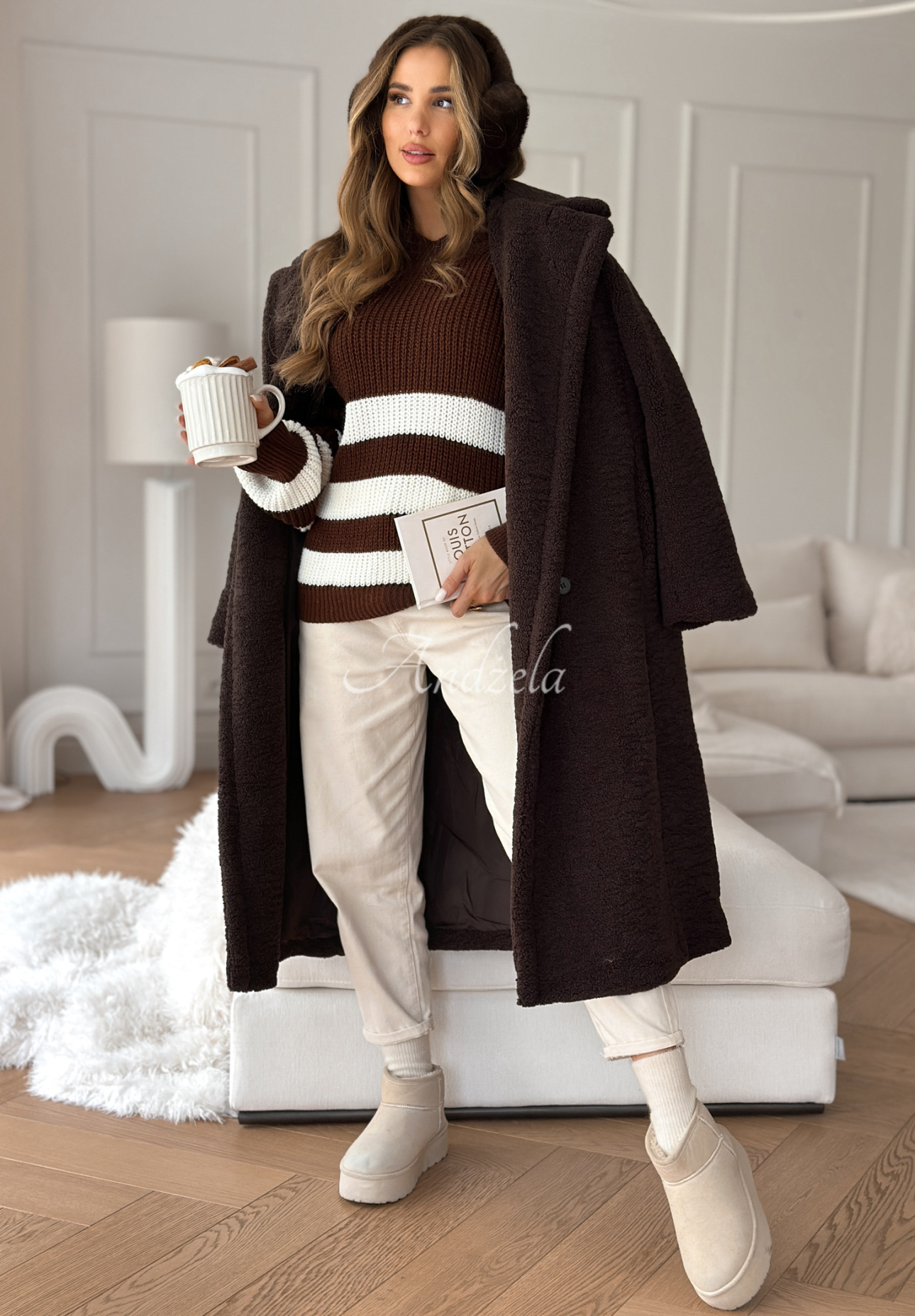 Sweter w paski One Way Ticket czekoladowy