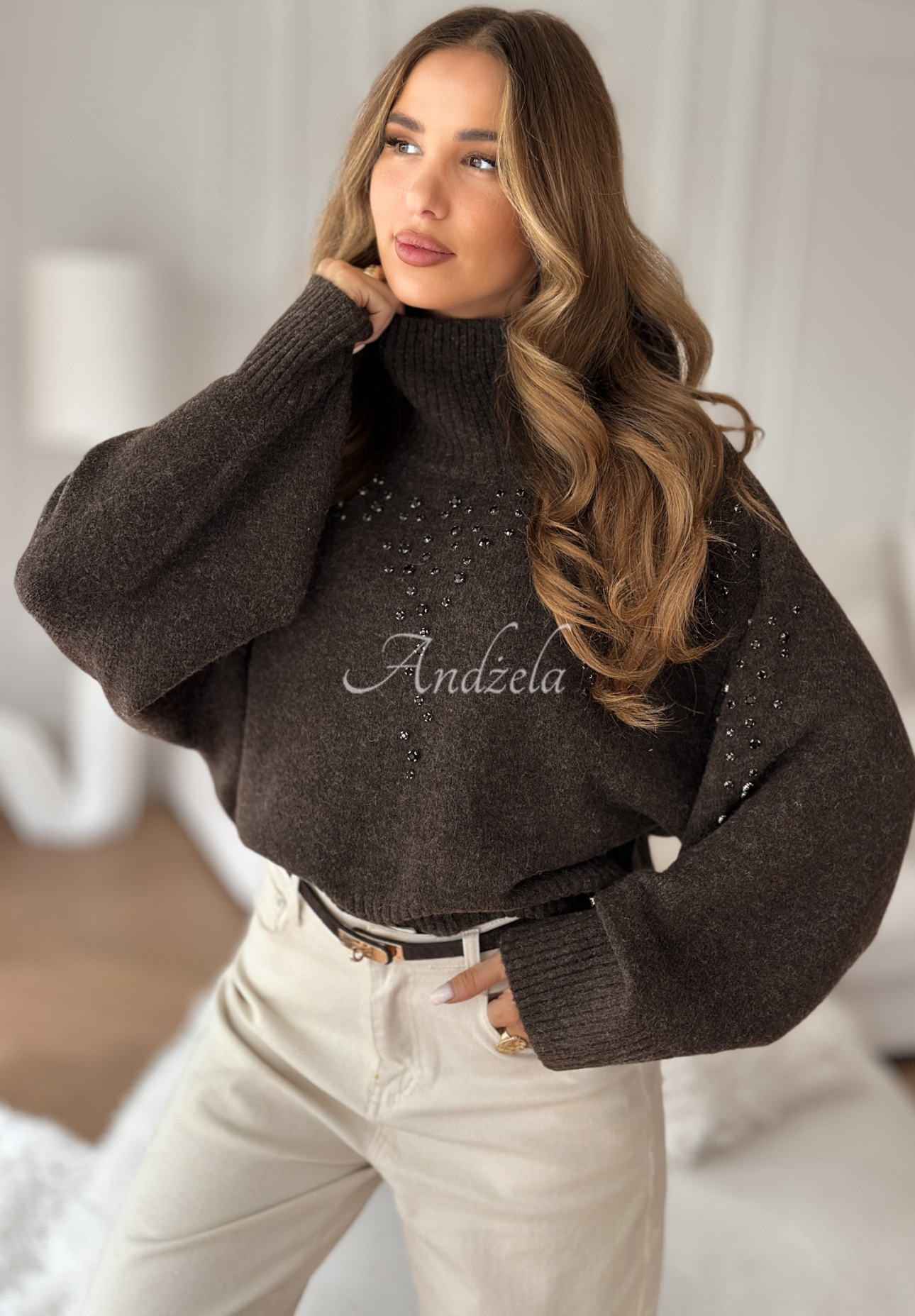 Viscose turtleneck sweater with crystals Shiny And Warm chocolate