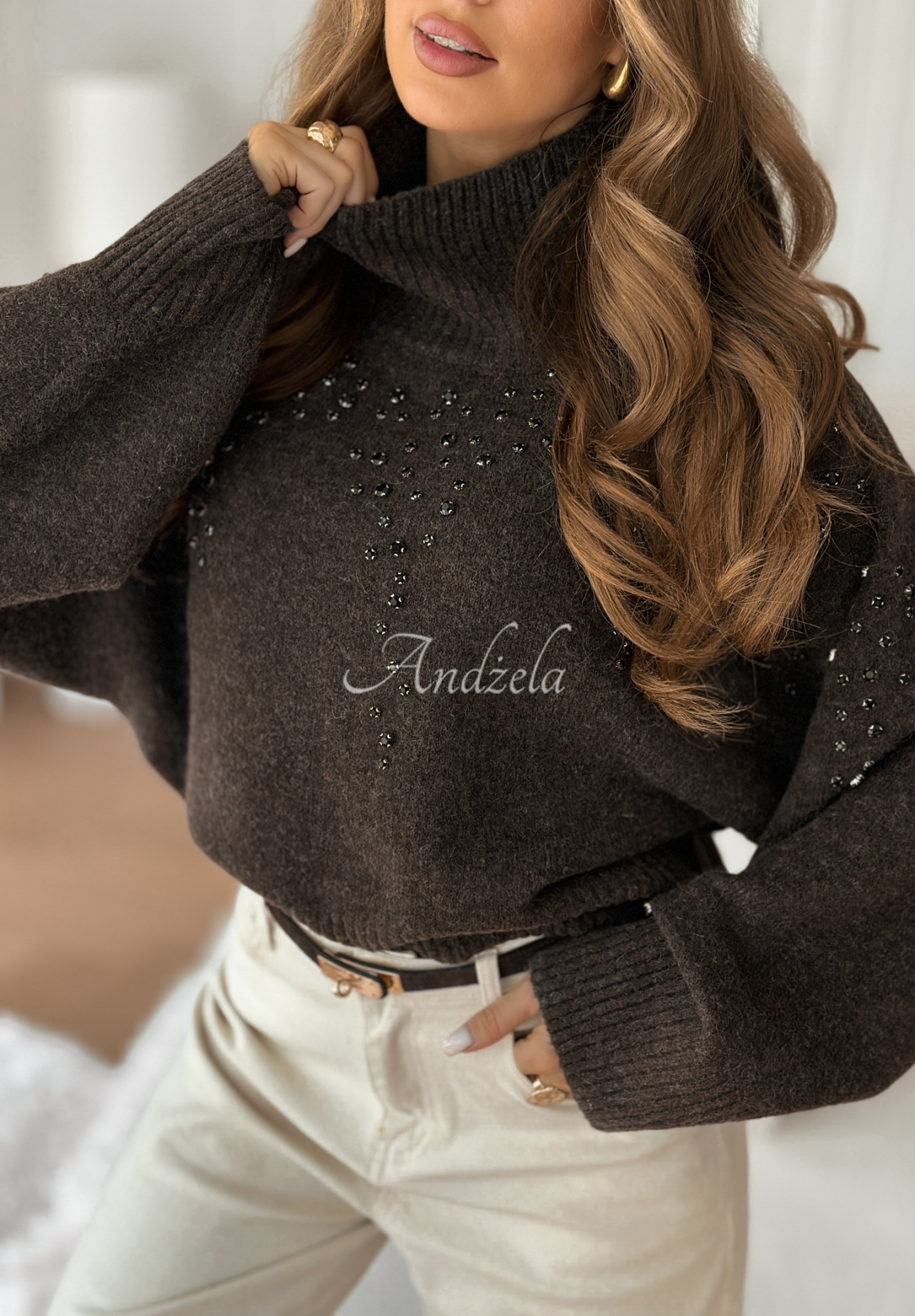 Viscose turtleneck sweater with crystals Shiny And Warm chocolate