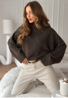 Sweter z golfem i kryształkami Shiny And Warm czekoladowy