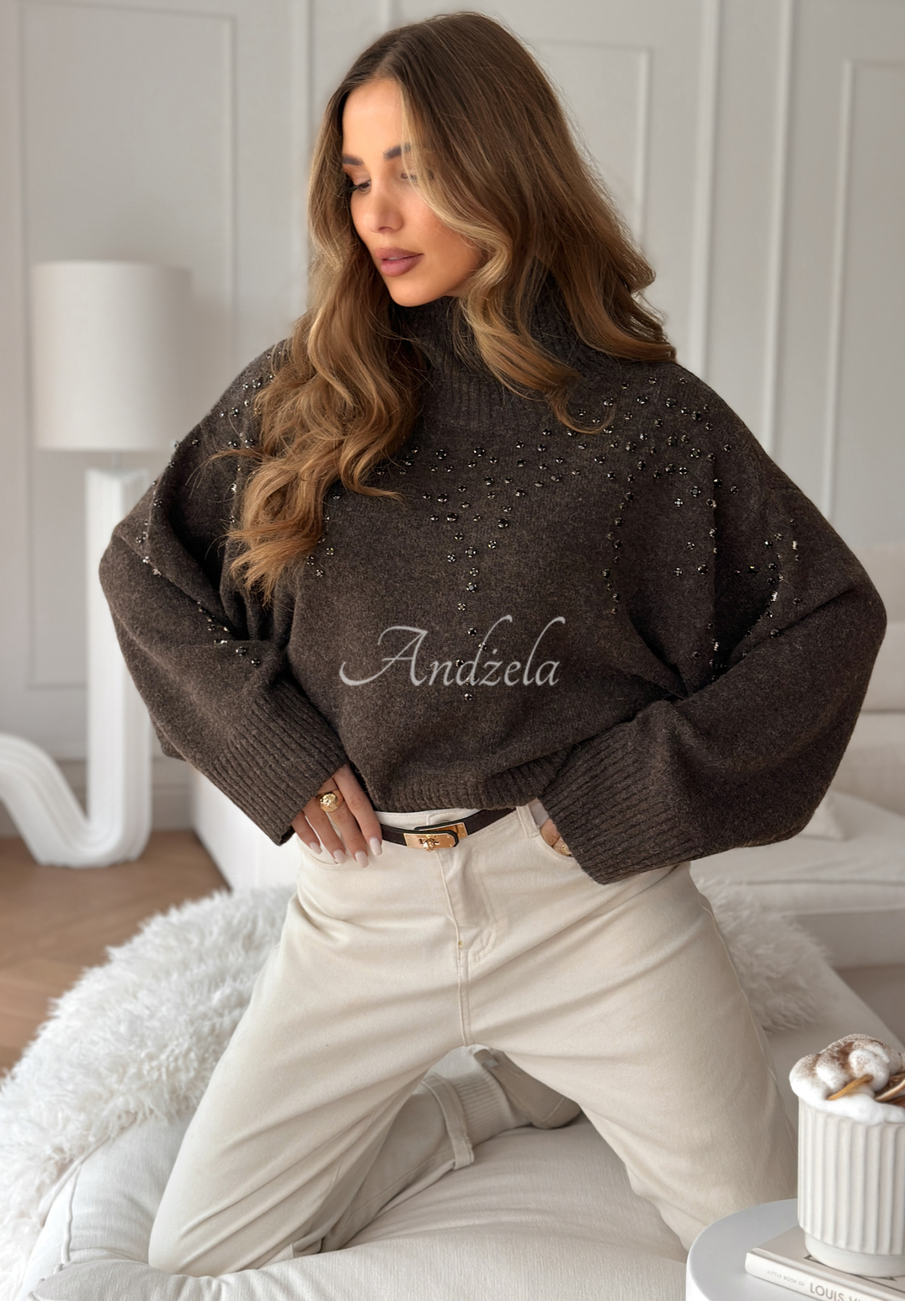 Viscose turtleneck sweater with crystals Shiny And Warm chocolate