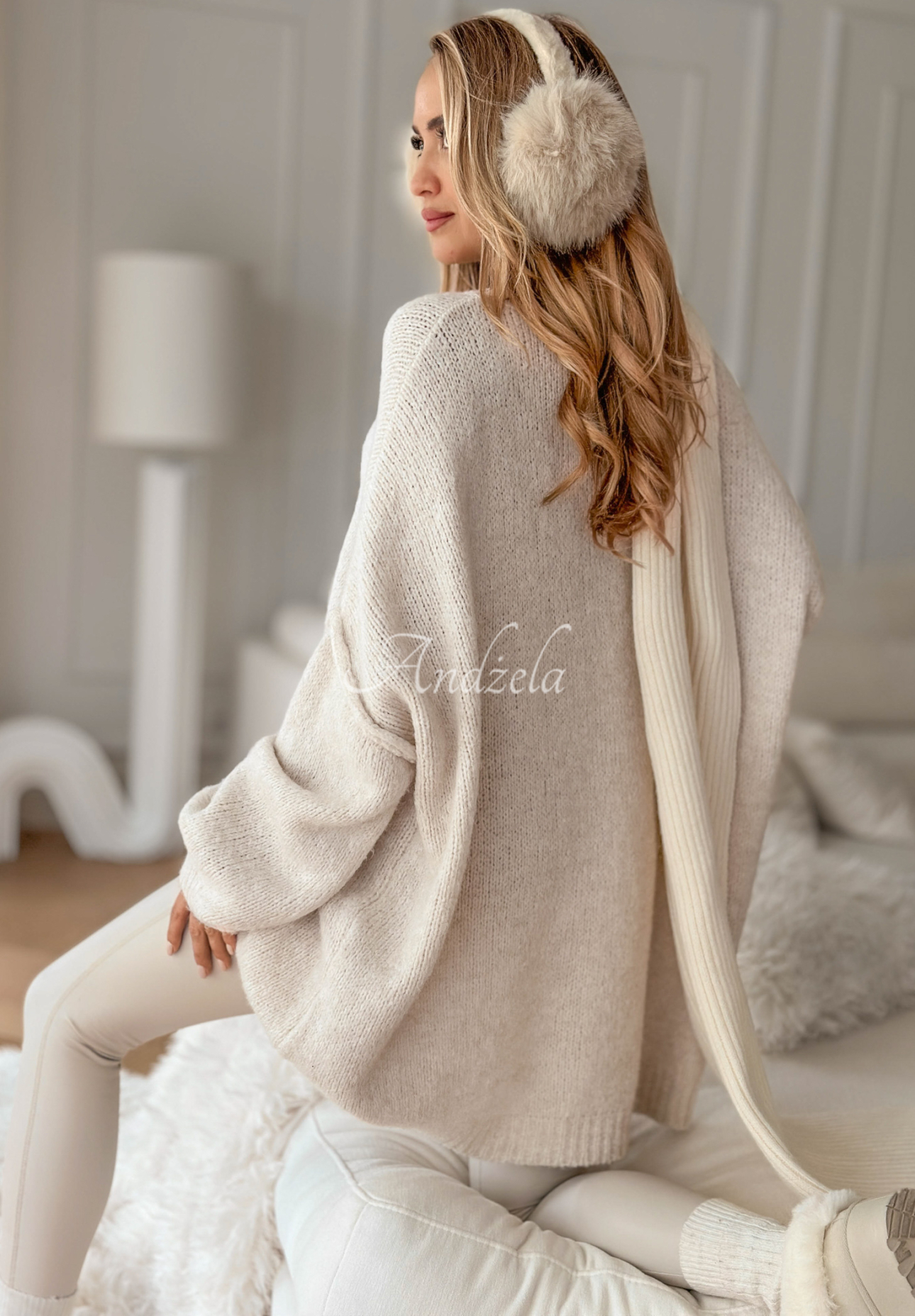 Long oversize tunic sweater with wool and viscose Cozy Weather light beige