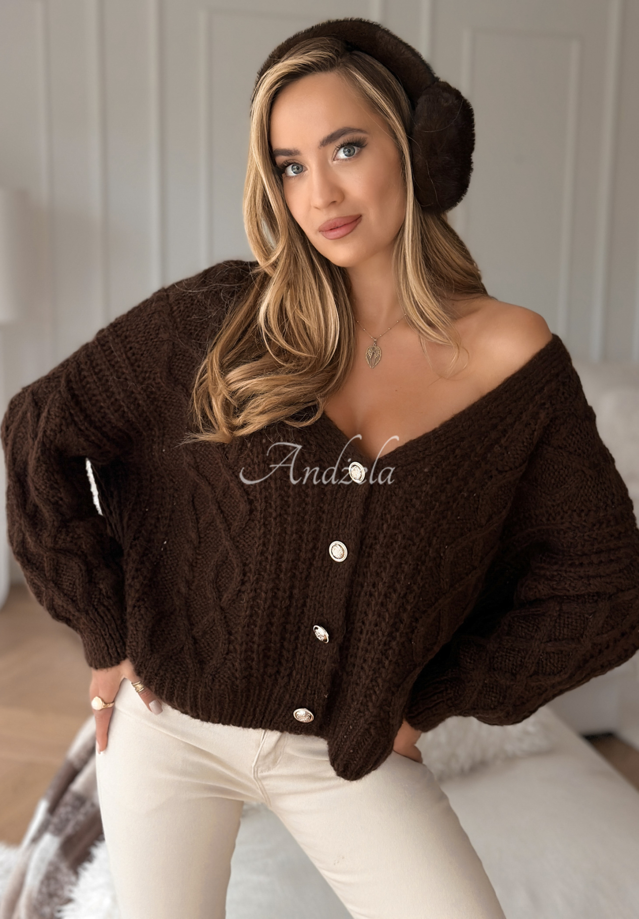 Embellished plaid cardigan Want To Be Loved chocolate