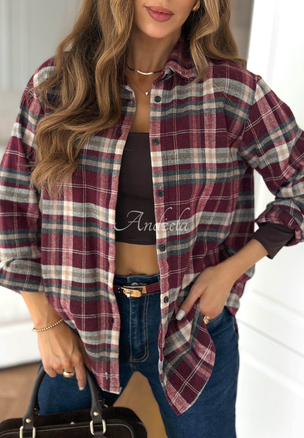 Undefined Status burgundy and beige checked shirt