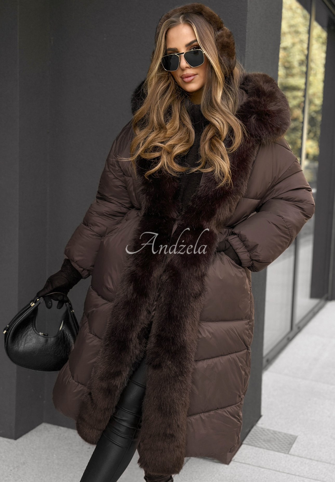Long quilted jacket with fur by Mountain House chocolate
