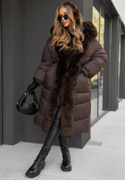 Długa pikowana kurtka z futerkiem Mountain House czekoladowa