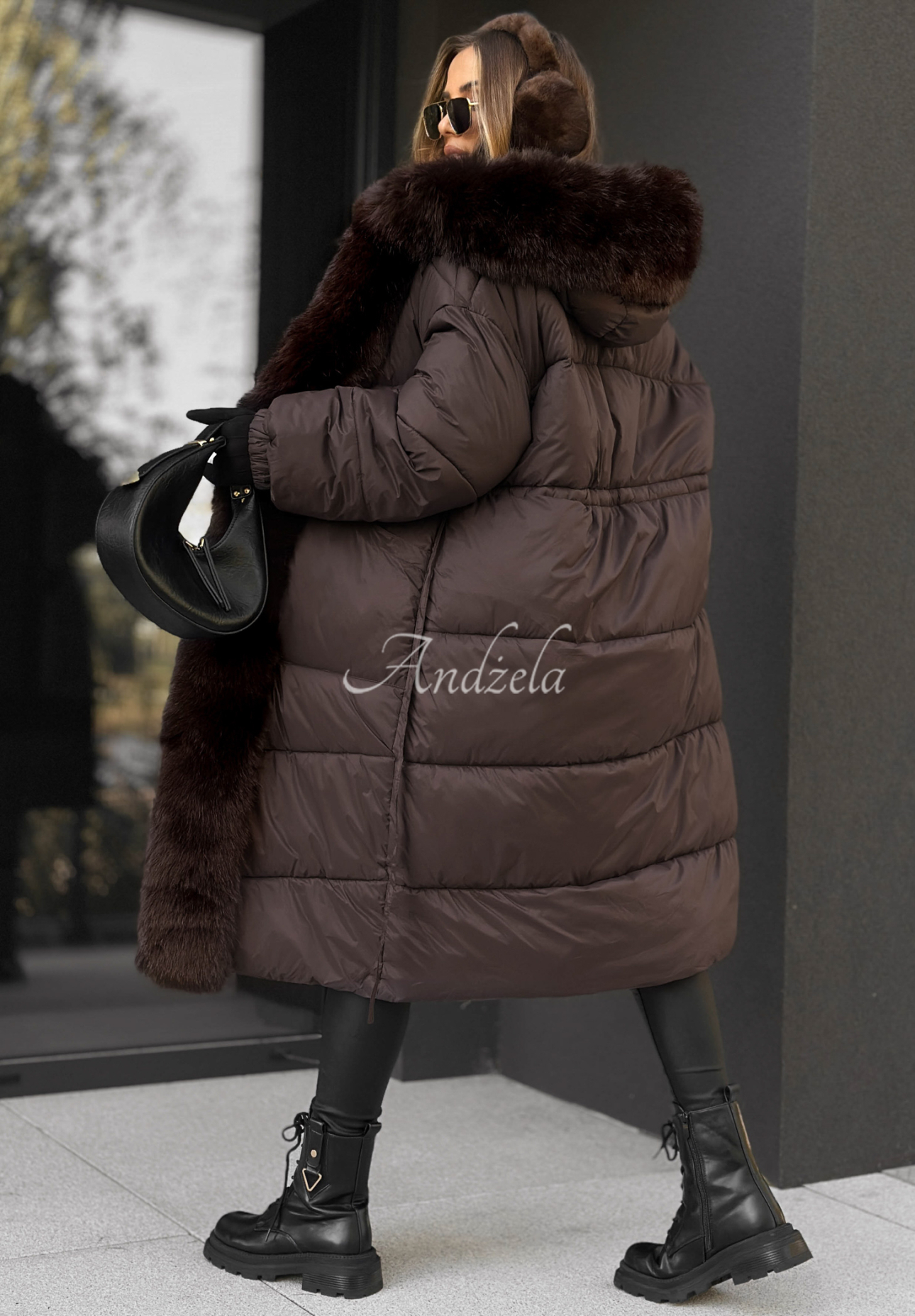 Long quilted jacket with fur by Mountain House chocolate