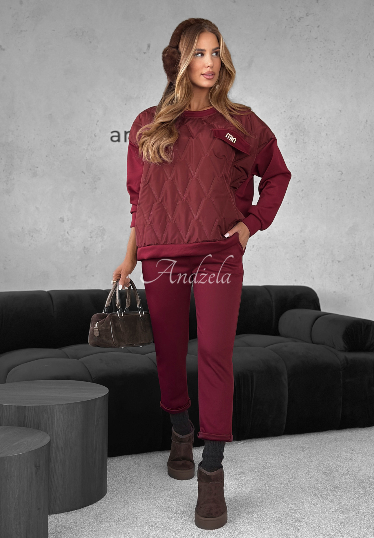 Komplet dresowy bluza i spodnie z wiskozą Inside Out burgundowy