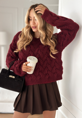 Short decorative braided sweater with wool and viscose Hugging Me burgundy