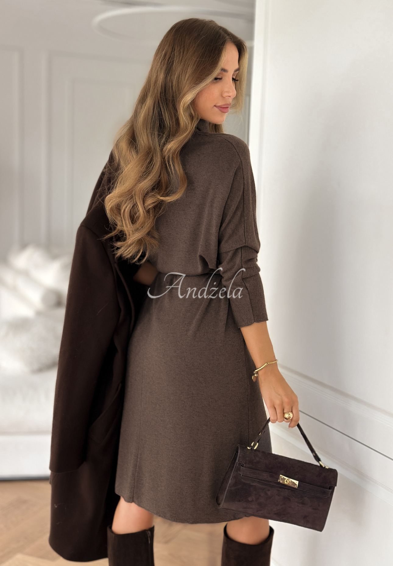 Knitted turtleneck and viscose dress Gentle Drift chocolate